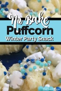 White puffcorn drizzled with white chocolate and winter theme edible sprinkles: white snowflake, silver jimmies, blue dots.