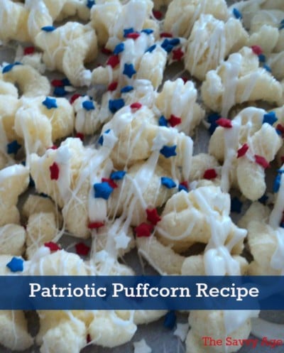 Puffcorn decorated with red, white and blue sprinkles.