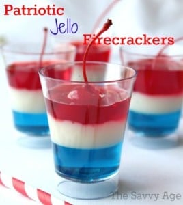 Easy no bake red white and blue dessert. Patriotic Jello Firecrackers are perfect for holiday theme parties.