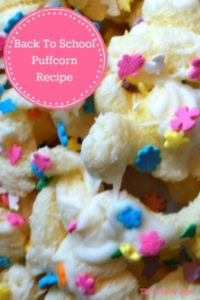 Puffcorn drizzled with white chocolate.