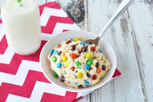 Cookie dough and M & M's in a bowl