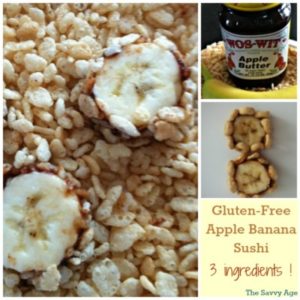 Gluten-Free Apple Banana Sushi recipe. Easy to make, easy to assemble for a healthy breakfast treat or snack anytime of the day.