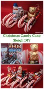 Christmas Candy Cane Sleigh DIY. Use coupons and the dollar store to stock up for these cute little snowmen, teddy bear and santa candy cane sleighs.