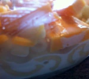 side view of macaroni and cheese glass baking dish.