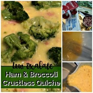 collage ham and broccoli quiche: ingredients, whisking, pour into dish
