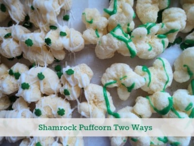 Shamrock Puffcorn with white chocolate and with green candy coating.