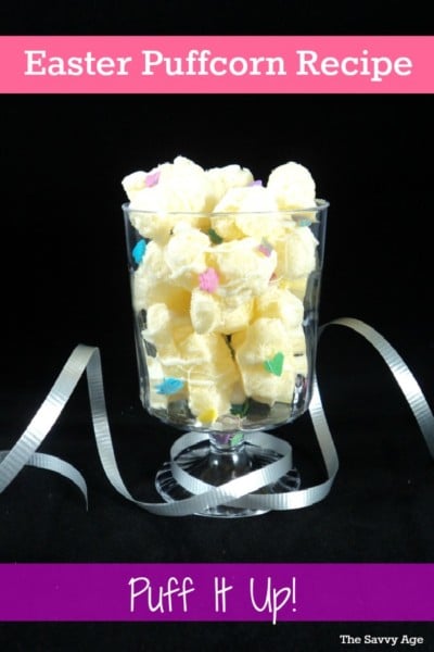 Easter puffcorn in a clear glass.