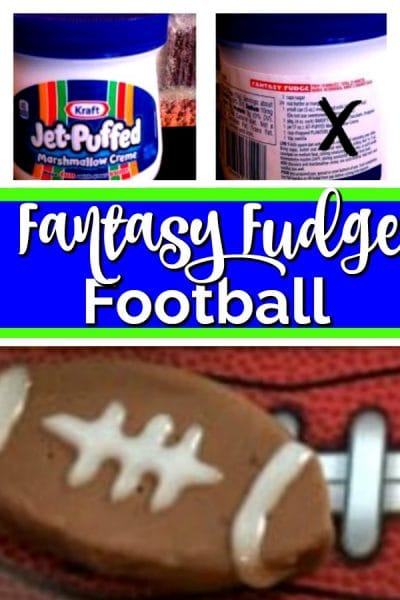 Fudge shapped football with white frosting stripes. Jar of marshmallow creme with recipe on back.