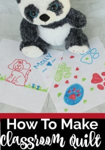 Block quilt with superhero theme. Each block is a white fabric square with superheroes drawn on each square.