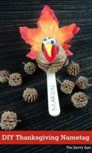 Easy DIY Thanksgiving Nametag. Use walnuts and acorns for a homemade turkey craft!