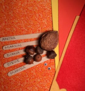 Popsicle stick, walnut, acorn materials.