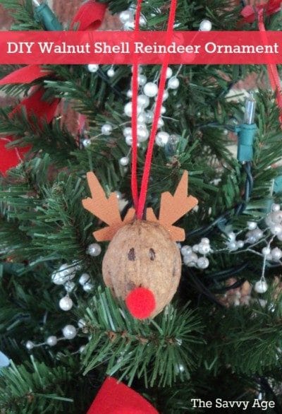Fun and easy DIY Reindeer Ornament. Use walnut shells for this cute homemade ornament.