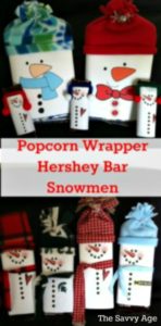 Easy Christmas DIY and fun stocking stuffer! Christmas Popcorn Wrapper Snowmen and Candy Bars.