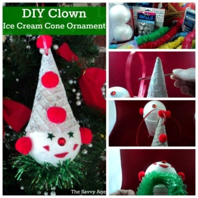 Fun DIY Christmas Ornament for kids. Turn an ice cream cone into a homemade Clown Christmas Ornament!