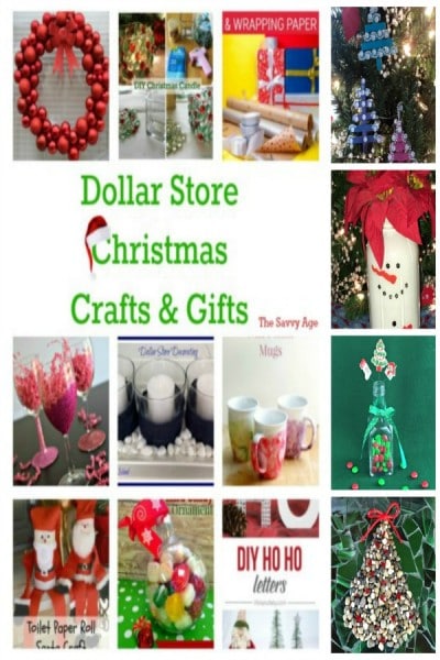 Collage of dollar store Christmas crafts and gifts.