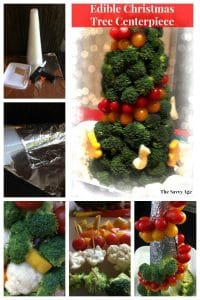 Edible Christmas tree centerpiece made of vegetables.