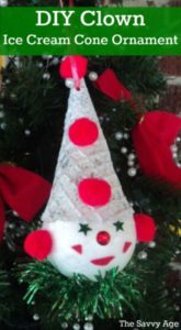 Fun DIY Christmas Ornament for kids. Turn an ice cream cone into a #homemade Clown Christmas Ornament! #christmas #ornament