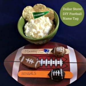 DIY Dollar Store Craft! Use Walnut Shells to make Popsicle Stick Football name tags for game day! Fun kids activity with popsicle sticks for your little fan.