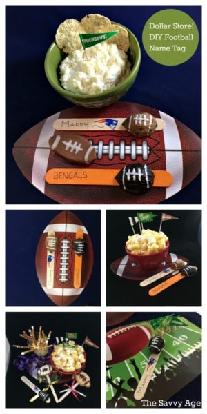 DIY Dollar Store Craft! Use Walnut Shells to make Popsicle Stick Football name tags for game day! Fun kids activity with popsicle sticks for your little fan.