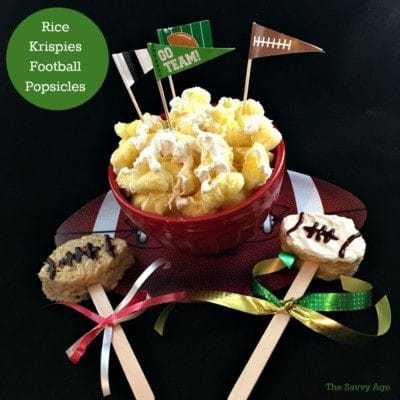 Easy Rice Krispies Football Popsicle DIY. Fun craft for kids and no bake treat!