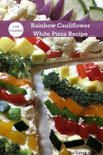 Low oxalate cauliflower white pizza recipe is easy to make and a pefect way to use your low oxlate vegetables! Healthy pizza recipe is a fun addition to your low oxalate meal plan.