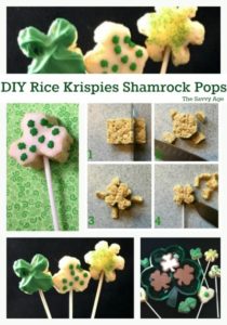 Collage of green and white Rice Krispies Shamrock Pops for St. Patrick's Day.