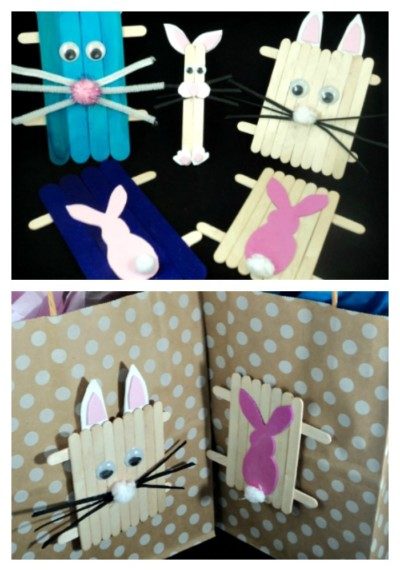 Combine two Easter crafts for kids into one! Make a Popsicle Stick bunny into a Bunny Bag for your homemade Easter basket.