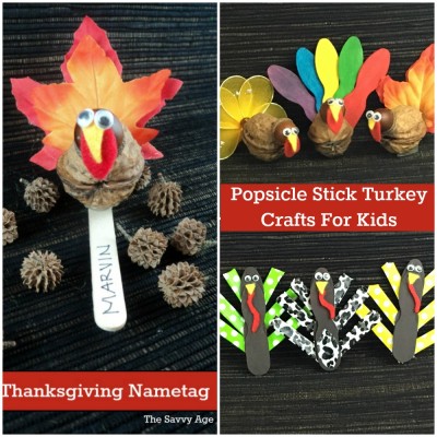 Collage of Popsicle Stick Turkey crafts for kids.