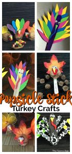 Collage of popsicle stick turkey crafts.