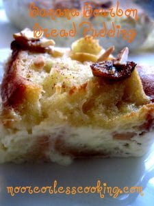 Slice of bread pudding on plate.