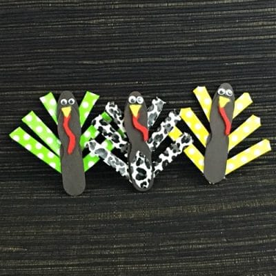 Turkeys made of colorful duct tape.