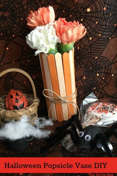 Halloween popsicle stick vase, walnut shell spider, walnut shell pumpkin.