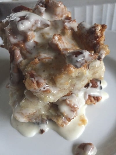 Slice of bread pudding on a plate.