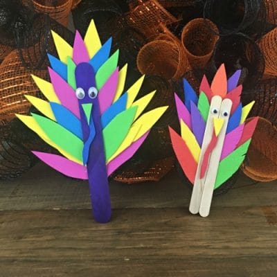 Two popsicle stick turkeys made of popsicle sticks and paper feathers.