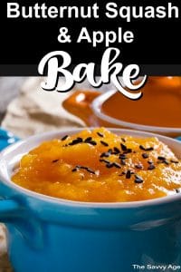 Butternut Squash Bake With Apples in a blue bowl.
