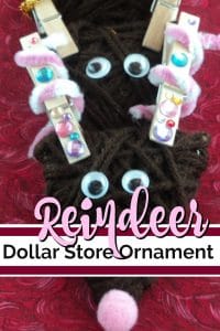 3 Reindeer ornaments made from brown yarn and clothespin antlers.