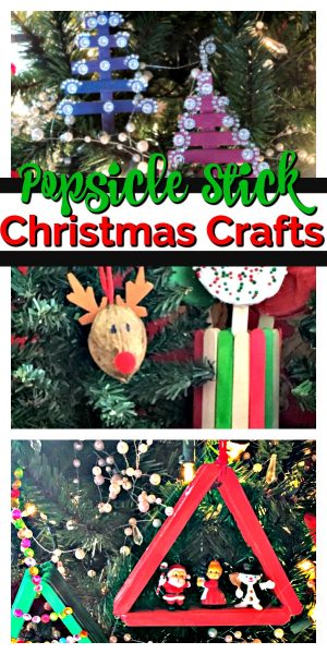 Collage of popsicle stick Vhristmas trees, ornaments and vases.