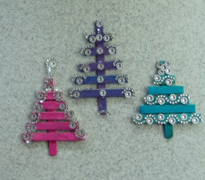 3 popsicle stick tree Christmas ornaments.