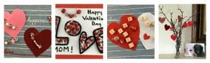 4 images Dollar Store Valentine's Day crafts: cards for kids from hershey kisses and wood blocks spelling I love mom, heart tree, heart pin from safety pins.