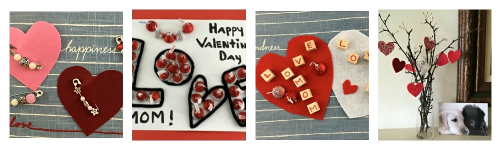 4 images Dollar Store Valentine's Day crafts: cards for kids from hershey kisses and wood blocks spelling I love mom, heart tree, heart pin from safety pins.