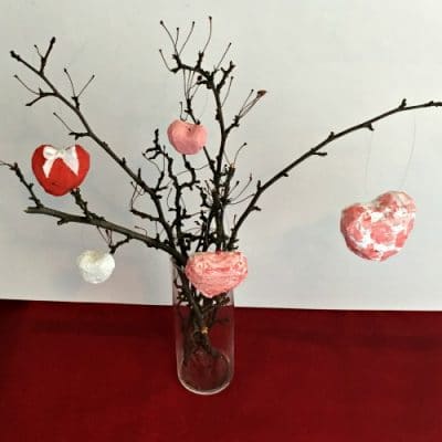 valentine's day tree with paper mache hearts