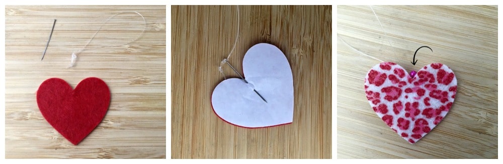 Felt hearts attached to invisible thread for tree ornaments.