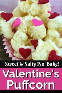 Puffcorn decorated with Valentine's Day hearts in a cupcake liner.