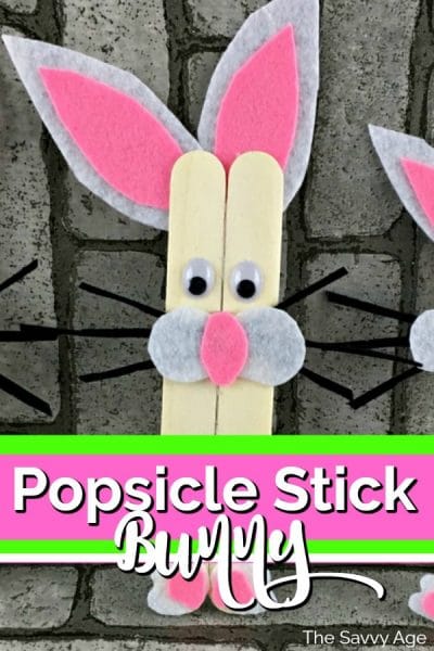 Popsicle stick bunny made of popsicle stick and white felt, pink paper.