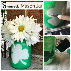 Collage with Shamrock decorated mason jar and steps to paint the mason jar.