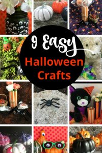 Collage of Hallowwen crafts with decrated pumkins, spiders, popsicle stick crafts