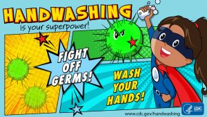 Superhero cartoon with supergirl fighting off germs.