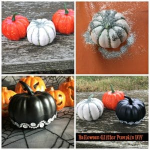 Collage of mini pumpkins paainted with glitter and sparkles.