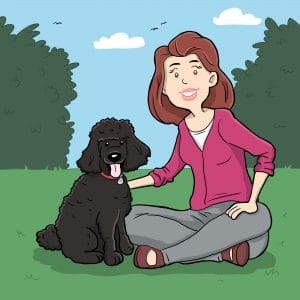 Cartoon drawing of woman and black poodle.