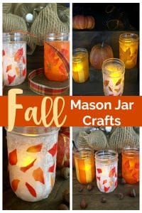 Four Fall mason jars decorated with leaves, orange and yellow and white paper.
